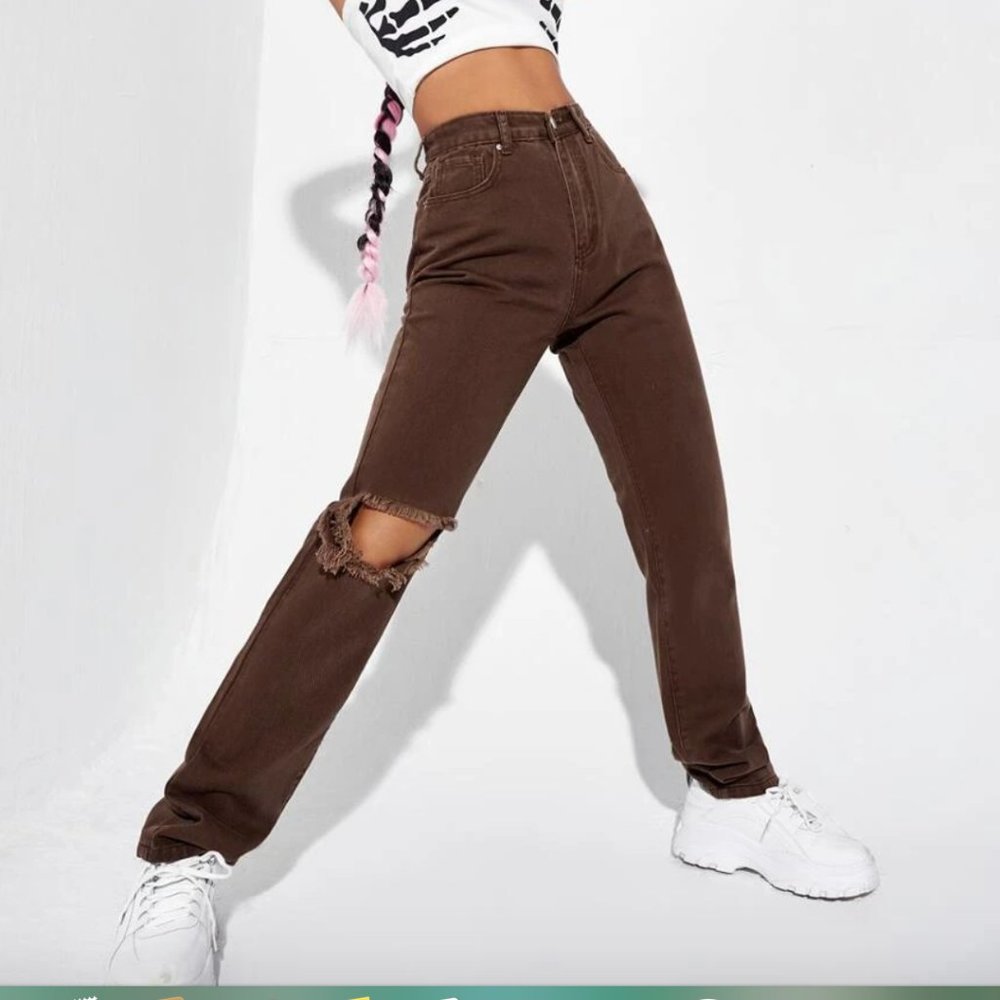 High Waisted Straight Leg Brown Jeans